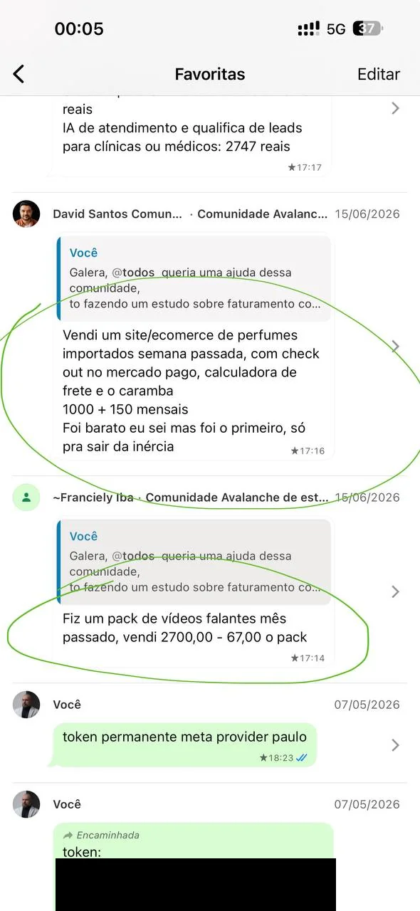 Print do WhatsApp: David Santos conta que vendeu um site de e-commerce de perfumes importados com checkout e calculadora de frete por mil reais mais cento e cinquenta mensais, e Franciely Iba conta que vendeu um pack de vídeos falantes por dois mil e setecentos reais.