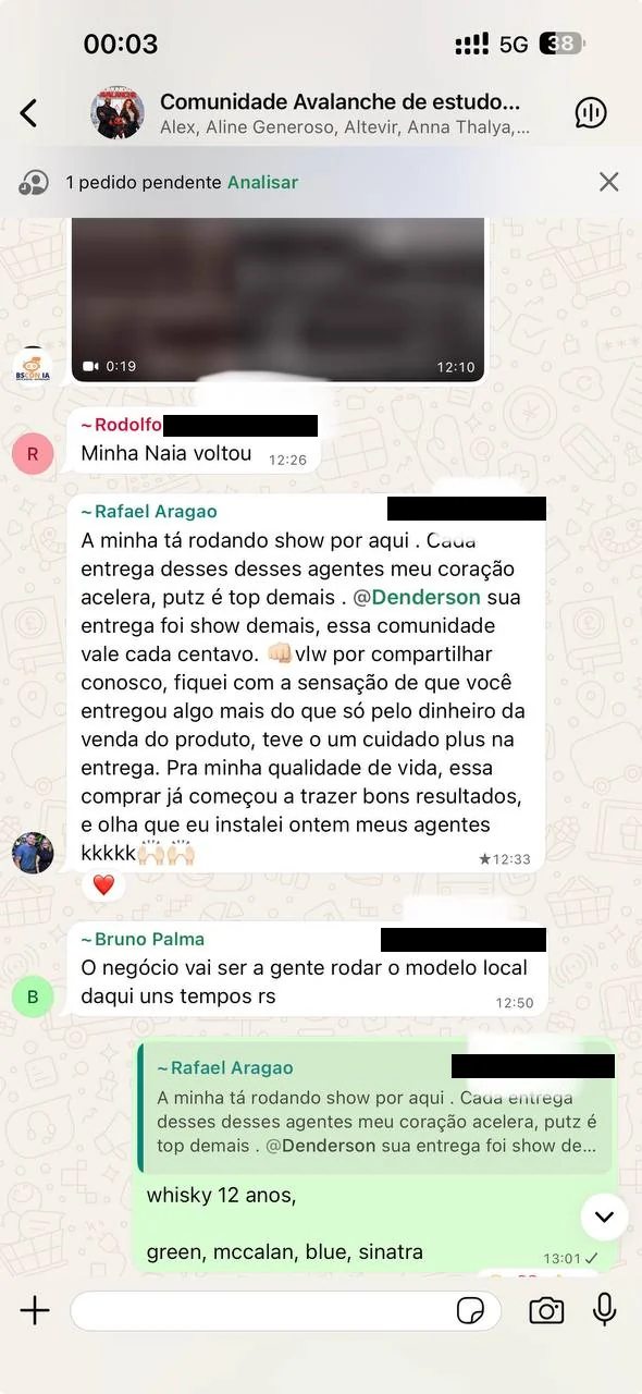 Print do WhatsApp: Rafael Aragão conta que instalou os agentes na véspera, que a cada entrega o coração acelera e que a comunidade vale cada centavo.