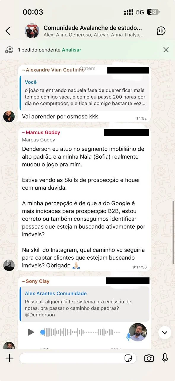 Print do WhatsApp: Marcus Godoy conta que atua no mercado imobiliário de alto padrão e que a Naia dele, a Sofia, mudou o jogo, e pergunta sobre as skills de prospecção.