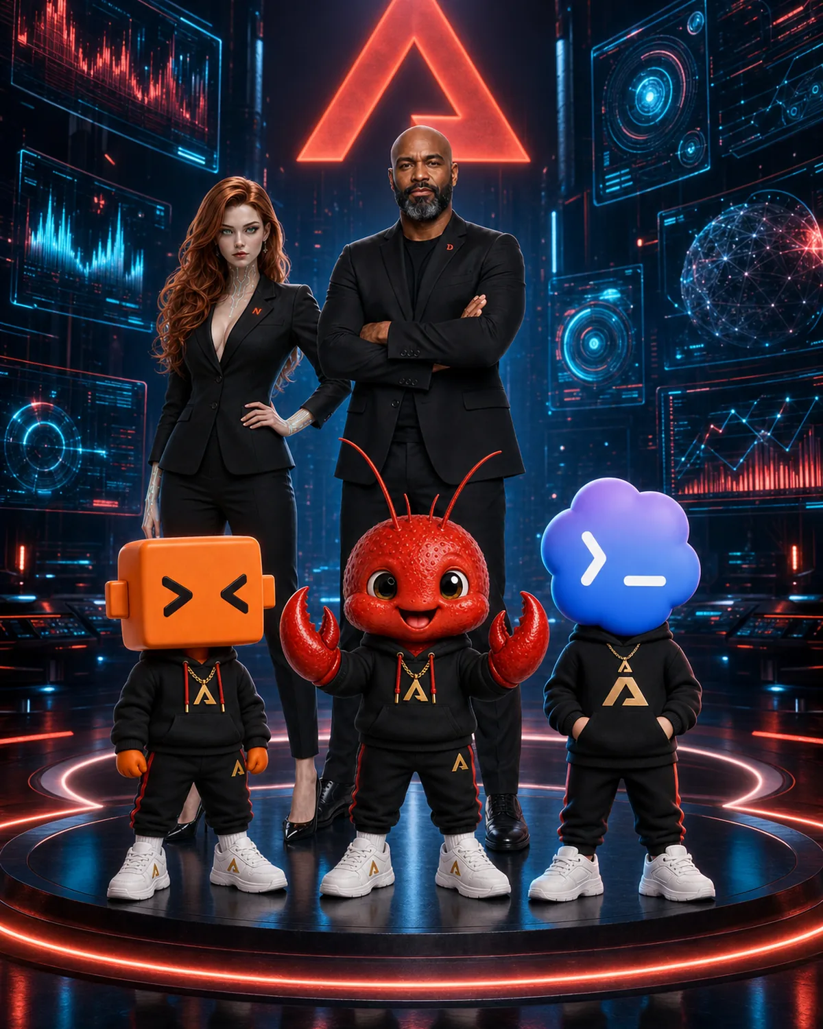 O time Avalanche completo no command center: Denderson Rodrigues à frente, a Naia ao lado dele e os mascotes Claudinho, OpenClaw e Codexzinho sobre o pódio, sob o anel de luz