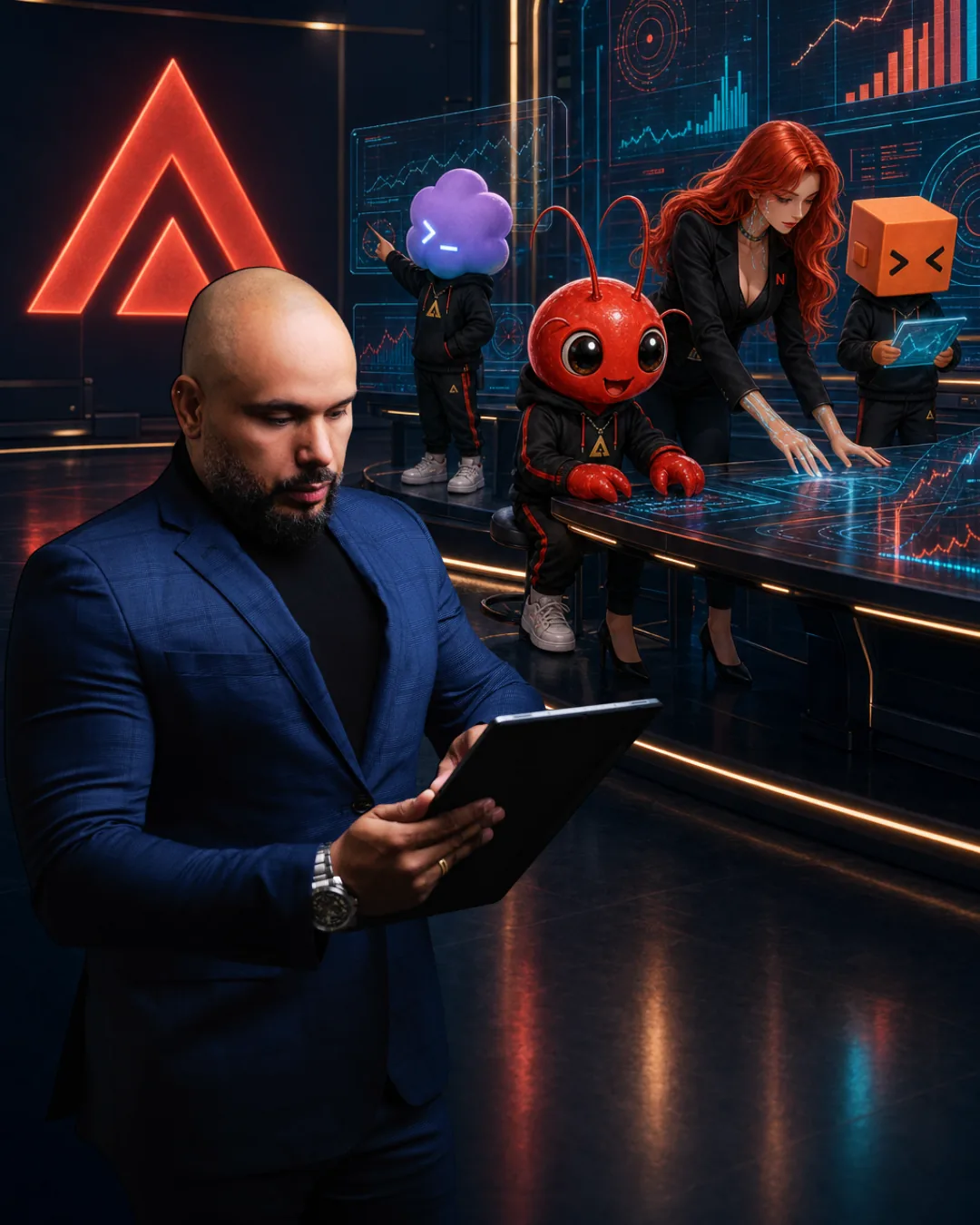 Denderson Rodrigues em primeiro plano com o tablet na mão e o time de IA, a Naia e os três mascotes, trabalhando ao fundo no command center